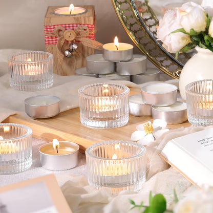 HAVITI 36 Pcs Clear Tealight Candle Holders with 36PCS Tea Lights Candles, Glass Votive Candle Holders Set for Table Centerpiece, Home Decor and Party Supplies