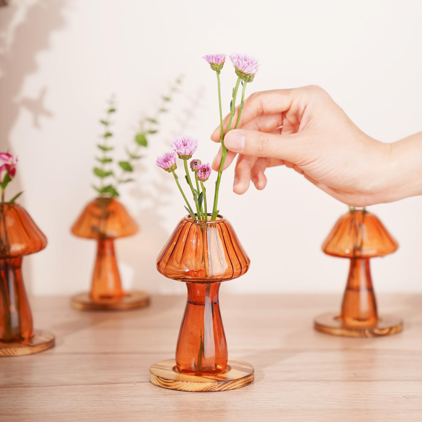 NiHome Mushroom Glass Planter with Wooden Base Set of 4, Cute Indoor Greenery Plant Propagation Stations,High Borosilicate Glass Mushroom Gifts Vases for Flowers,Hydroponics & Home Decor (Brown)
