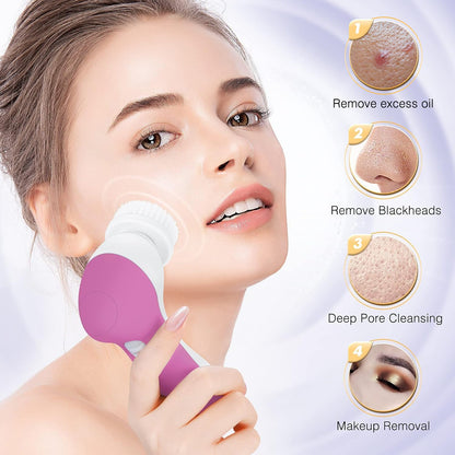 COSLUS Facial Cleansing Brush Silicone Face Scrubber: 2 in1 FBS-D Electric Exfoliating Massage Device Waterproof Deep Cleaning Exfoliation Rotating Spa Machine - Electronic Skin Care Wash Clean System