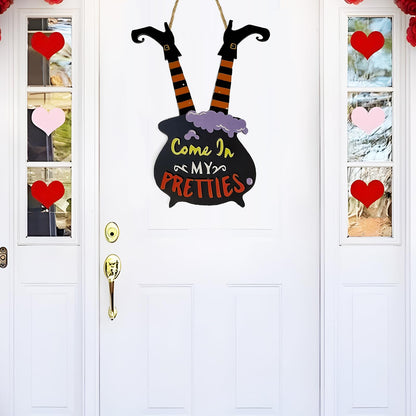 Witch Legs & Cauldron Wooden Sign Come In My Pretties Halloween Decor Hanging Wall Art for Front Door and Haunted House