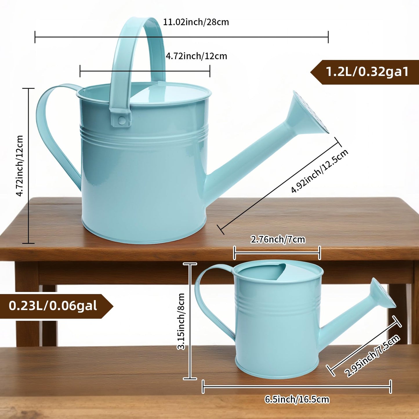Small Metal Watering Can Set, Pink, 1.2L and 0.23L Garden Cans with Long Spout, Indoor Outdoor Plant Care (Green Blue)