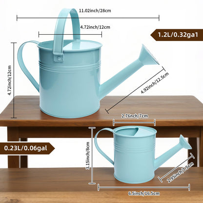 Small Metal Watering Can Set, Pink, 1.2L and 0.23L Garden Cans with Long Spout, Indoor Outdoor Plant Care (Green Blue)