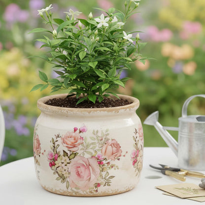 Xiaan Jiaju Ceramic Planter for Indoor Plants, 6.29 Inch Rose Pattern Crackle Glaze Flower Pot with Drainage Hole, Orchid Succulent Pots, European Farmhouse Bedroom Balcony Decor Gift, Pink