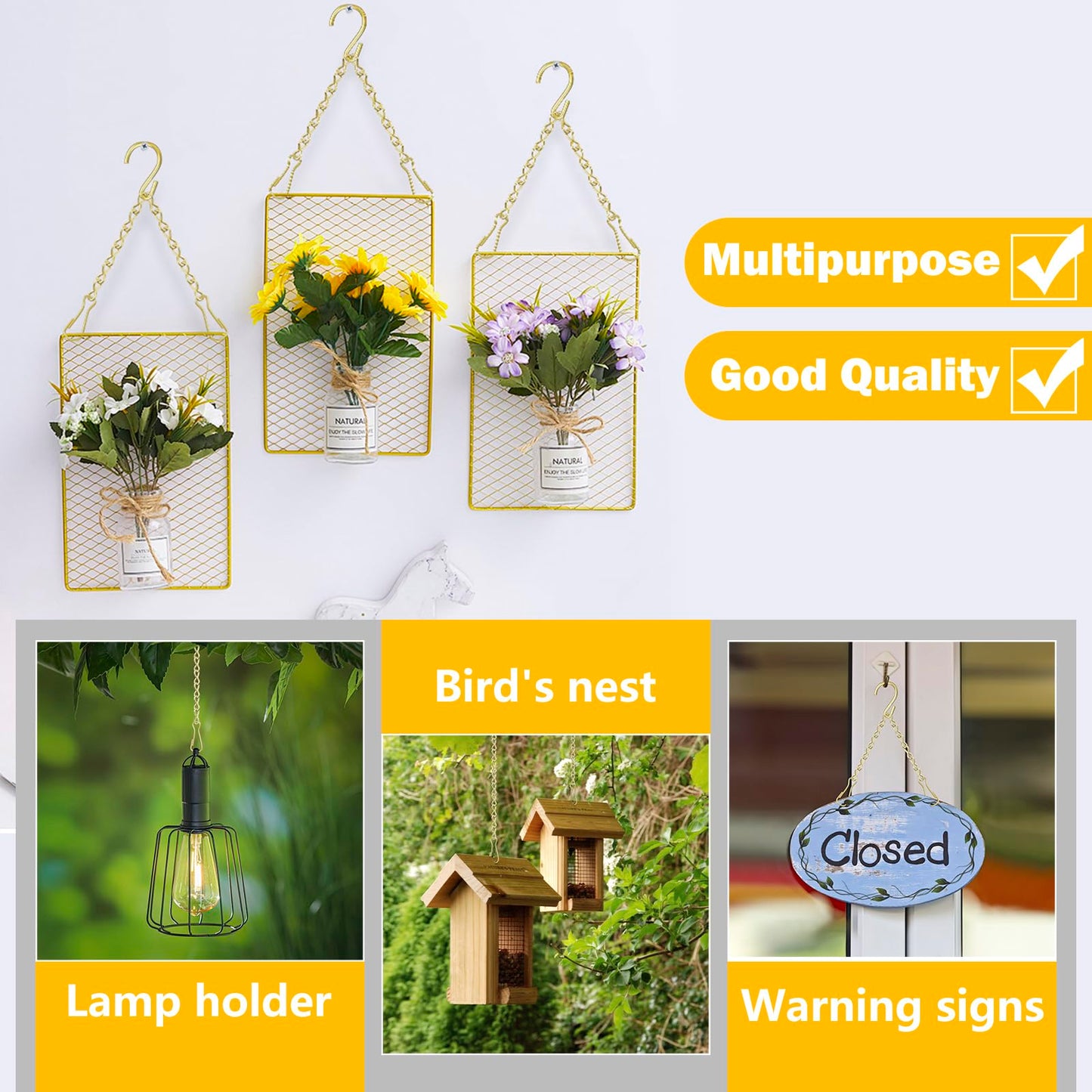 garini Hanging Plant Hooks,200 Inch Metal Glod Hanging Chain with S Hooks for Hanging Plants, Photo, Lantern, Billboards and Planters