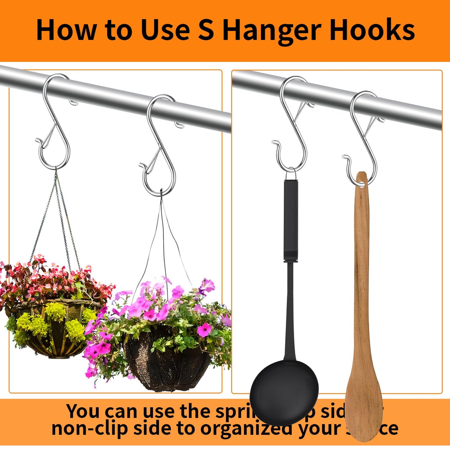 iCafePub 12 PCS S Hooks for Hanging with Safety Buckle, Metal S Shaped Hooks Fit for 0.5 Inch Rod Diamater, for Kitchen Utensil, Cups, Pots, Plants, Bags, Hats (Silver)