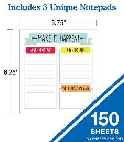 Carson Dellosa Notepad 3-Pack Set, Note Pads for To Do List, Sketch Pad, Grocery List, Checklist, and Classroom Organization Stationary, Desk Accessories and Office Supplies
