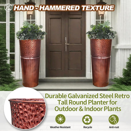 Megawodar 2 Pcs Pack Metal Tall Tapered Planter Pots Large Round Planter Flower Pot with Drainage Holes for Indoor Outdoor Deck Porch Garden Home Patio Front Door (Glossy Copper, Medium)