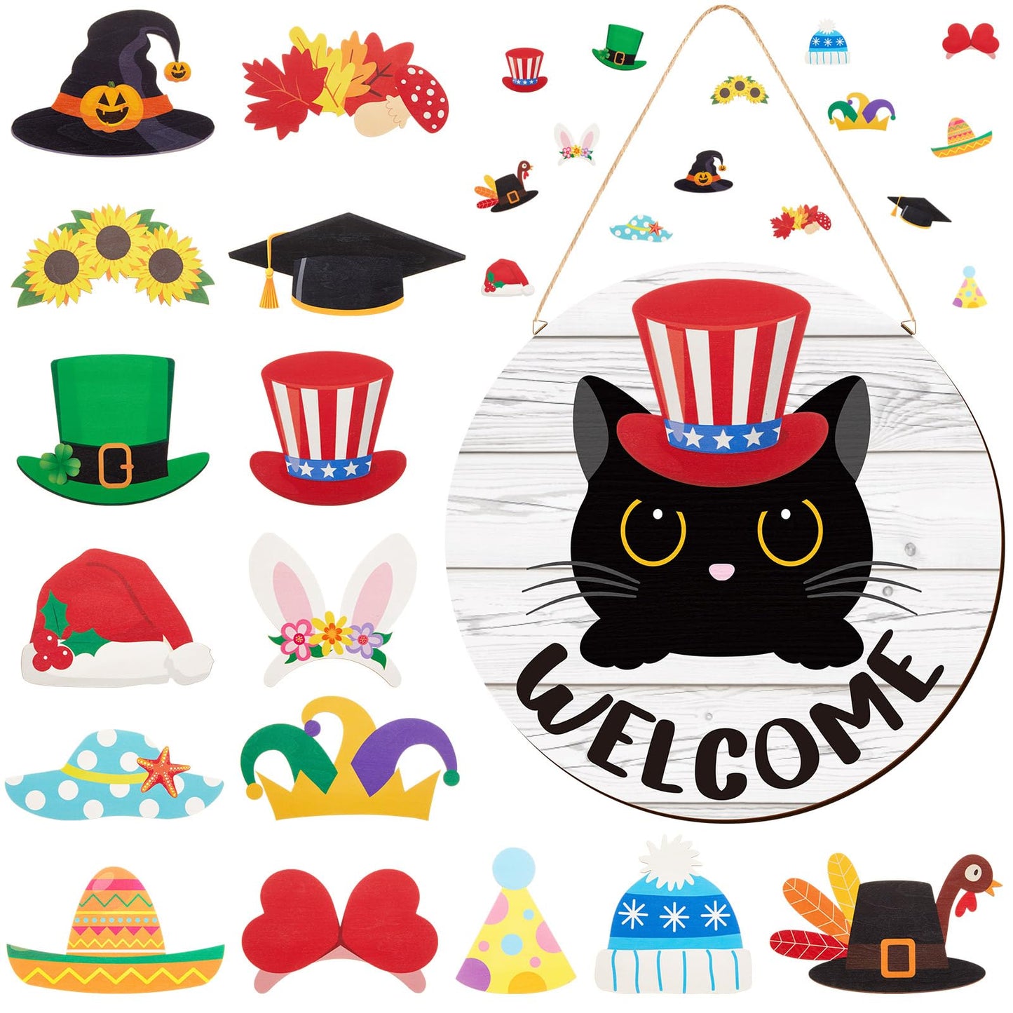 BrightRow Interchangeable Welcome Sign for Front Door with 4 Seasonal 15 Black Cat Headpieces, Wooden Farmhouse Outdoor Porch Sign with 4th of July Patriotic Decor for Cat Lovers, Housewarming Gift
