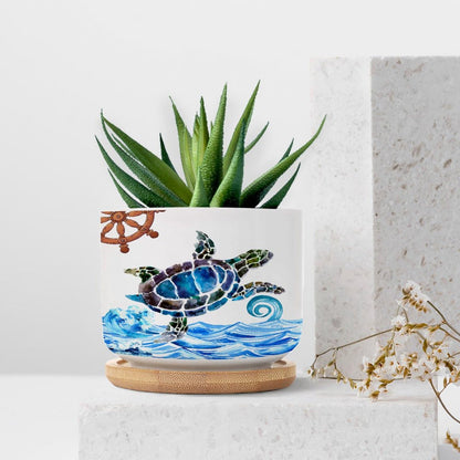 DreamAutumn Ocean Theme Sea Turtle Planter Ceramic Round Plant Pots with Drainage Holes and Bamboo Tray Planting Small Flower Pots for Home Windowsill Desk Garden Indoor Outdoor Use