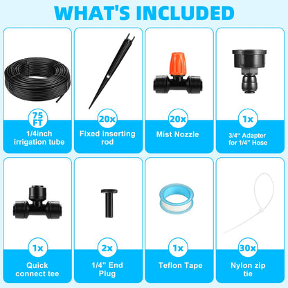 75FT Drip Irrigation System - Easy to Assemble Quick Plug Adjustable Spray Volume Garden Watering/Misting Cooling System with 1/4" Polyethylene (PE) Water Pipes for Gardens, Raised Beds, Lawns