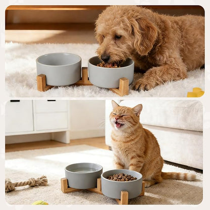 Ceramic Dog and Cat Bowl Set with Wooden Stand Matte Glaze Elevated Food Water Set Anti-Tip Non-Slip Weighted for Cats Small Breed Dogs-Grey-13.3OZ