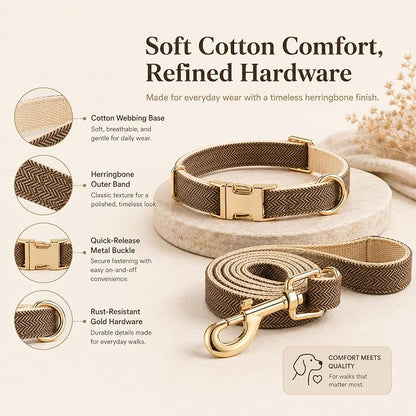 Herringbone Tweed Dog Collar and Leash Set for Large Dogs, Grey-Brown | Snag-free, no-rub design. Soft breathable cotton, gentle on fur. Adjustable durable matching combo for walks & outdoors.