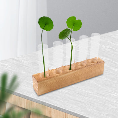 HEANUJJ Glass Planter Terrarium with 5-Hole Wooden Stand Hydroponic Vase for Indoor Plants Desktop Propagation Station Tabletop Water Planter