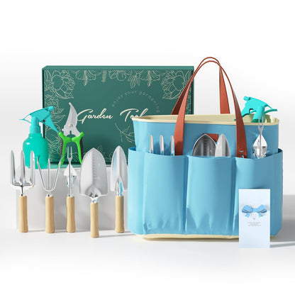 VerdantVibes 9-Piece Garden Tool Set - Heavy Duty Gardening Hand Tools with Ergonomic Non-Slip Grips, Rust-Resistant Shovel, Trowel, Rake, Pruner & Storage Bag - Ideal Gardening Gifts for Women