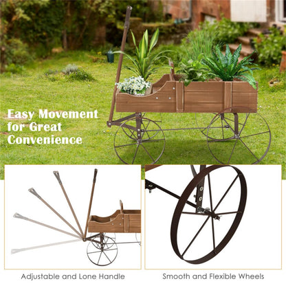 DESIGNSCAPE3D Wooden Wagon Planter Cart – Rustic Raised Garden Bed with Wheels & Handle for Outdoor Patio, Yard, Backyard, Brown Fir Wood Flower Box