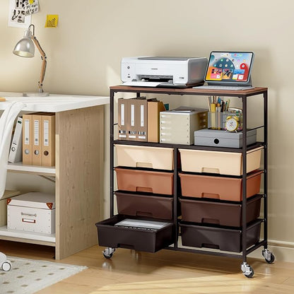 Rolling cart with 8 drawers,Storage drawer cart with wooden tabletop,Lockable wheels organizer for homeschool, arts & crafts, classroom, office & creative spaces (Brown)