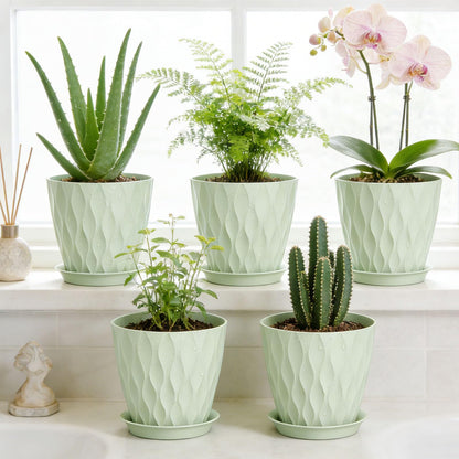 SQKH 8 Inch Plastic Plant Pots,Set of 5 Flower Pots,Planters with Drainage Holes & Saucers, Indoor Outdoor Garden Pots for Home Decor(Green)