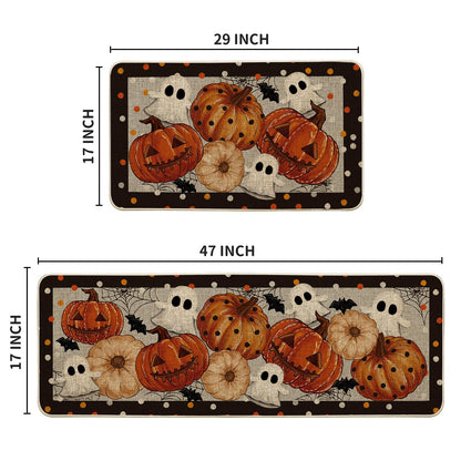 Artoid Mode Black Ghost Spooky Jack-O'-Lantern Pumpkin Halloween Kitchen Mats Set of 2, Low-Profile Home Decor Kitchen Rugs for Floor - 17x29 and 17x47 Inch