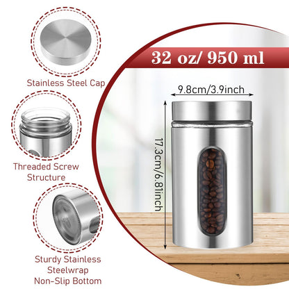3 Pack Large Kitchen Canisters Set Airtight Coffee Sugar Tea Candy Storage Jars with Window Glass Stainless Steel Containers with Lids for Flour Cookies Spices Grains Kitchen Decorations(32oz)