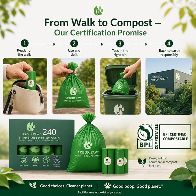 Arbor Paw Compostable Dog Waste Bags, BPI Certified ASTM D6400, Extra Thick 20 Micron, Lavender Scented, 240 Bags (16 Rolls × 15)