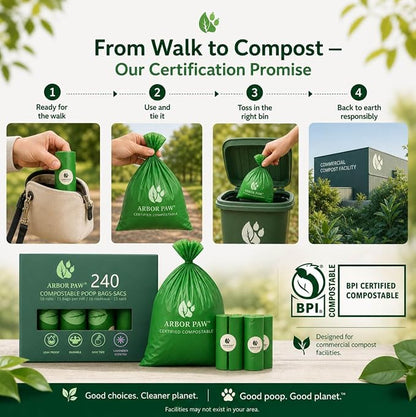 Arbor Paw Compostable Dog Waste Bags, BPI Certified ASTM D6400, Extra Thick 20 Micron, Lavender Scented, 240 Bags (16 Rolls × 15)