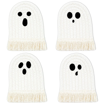 Whaline Halloween Ghost Cotton Coasters Cute White Ghost Shape Handmade Braided Drink Coasters with Tassel Absorbent Cup Mats for Trick or Treat Party Home Table Decor, Set of 4