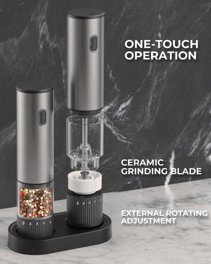 Electric Salt and Pepper Grinder Set, USB Rechargeable Salt and Pepper Shaker with LED Light, Stainless Steel Adjustable Automatic Pepper Mill for Kitchen, Dining