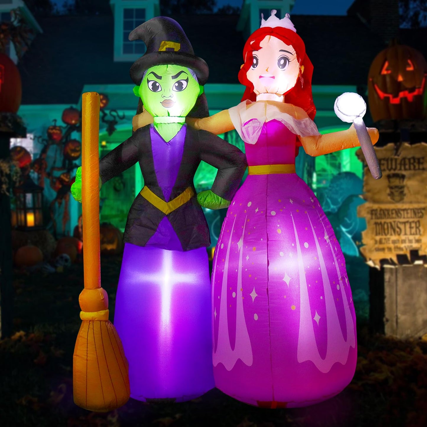 6FT Halloween Inflatable Witch Sisters with Magic Wand and Broom, Holiday Outdoor Blow Up Decorations Built-in LEDs for Halloween Party Supplies, Yard Indoor Garden Lawn Patio