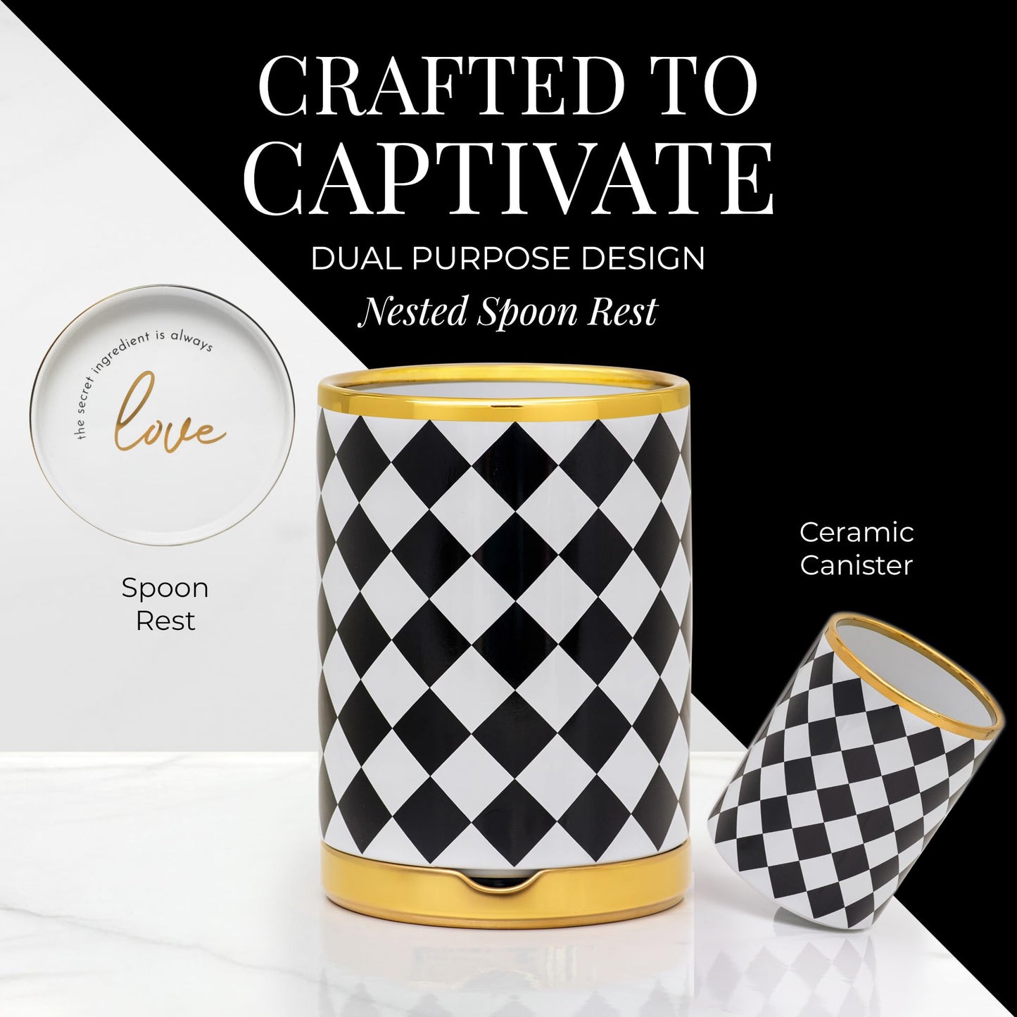STYLED SETTINGS Black & White Checkered Utensil Holder Set – Large Ceramic Kitchen Utensil Holder for Countertop with Gold Spoon Rest – Stylish Checkered Kitchen Decor & Organizer