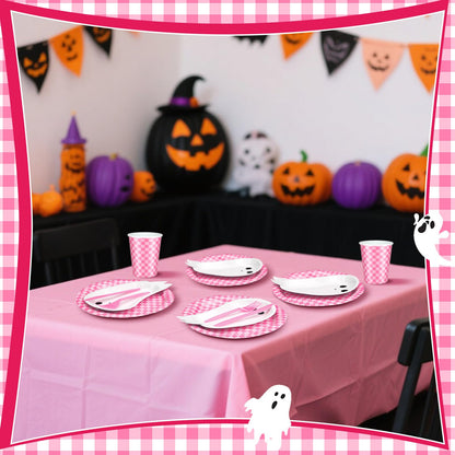 Yungyan 144 Pcs/24 Set Summer Halloween Paper Plates and Napkins Boo Ghost Plates Pink Cups with Forks and Knife Halloween Party Tableware Set for Spooky Birthday Party Decoration Boo Baby Shower