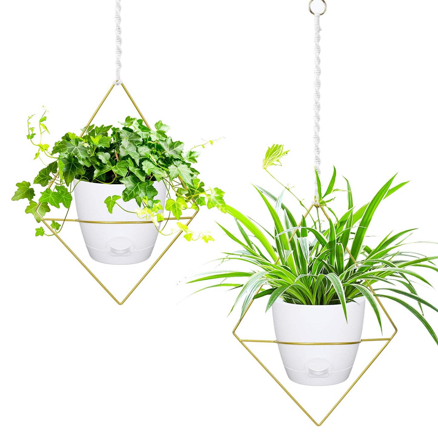 Hanging Planters for Indoor Plants, 2 Set Self Watering Hanging Flower Pots, Modern Hanging Plant Baskets with Metal Plant Holder & 6.5 Inch Plastic Pots for Garden Home Decor (Gold Frame White Pot)
