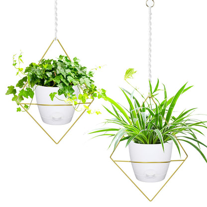 Hanging Planters for Indoor Plants, 2 Set Self Watering Hanging Flower Pots, Modern Hanging Plant Baskets with Metal Plant Holder & 6.5 Inch Plastic Pots for Garden Home Decor (Gold Frame White Pot)