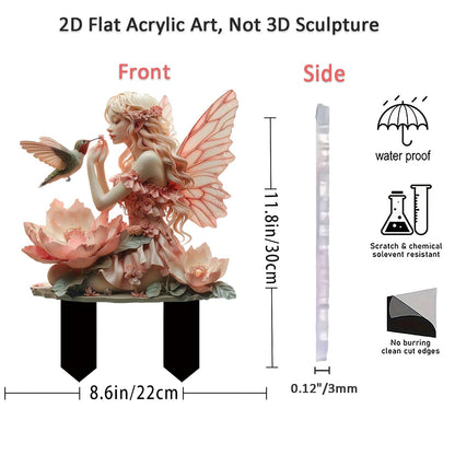 ANNUOZE Fairy Garden Stake Decor, 2D Flat Acrylic Fairy Garden Decor Panel, Elf Yard Sign for Outdoor Indoor Yard Lawn Plants Pots, Fairy Yard Accessories (Fairy and Hummingbird)