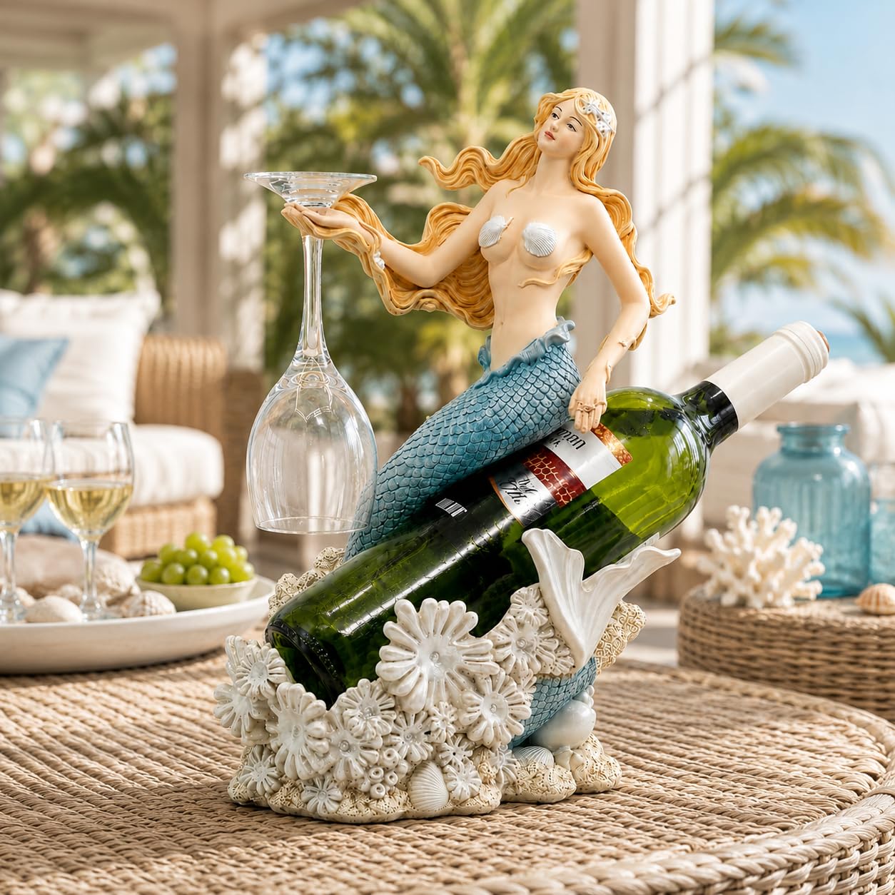 Comfy Hour Under The Sea Collection Mermaid Wine Rack Bottle Holder, 8.46"L x 5.7"W x 13.0"H, Polyresin