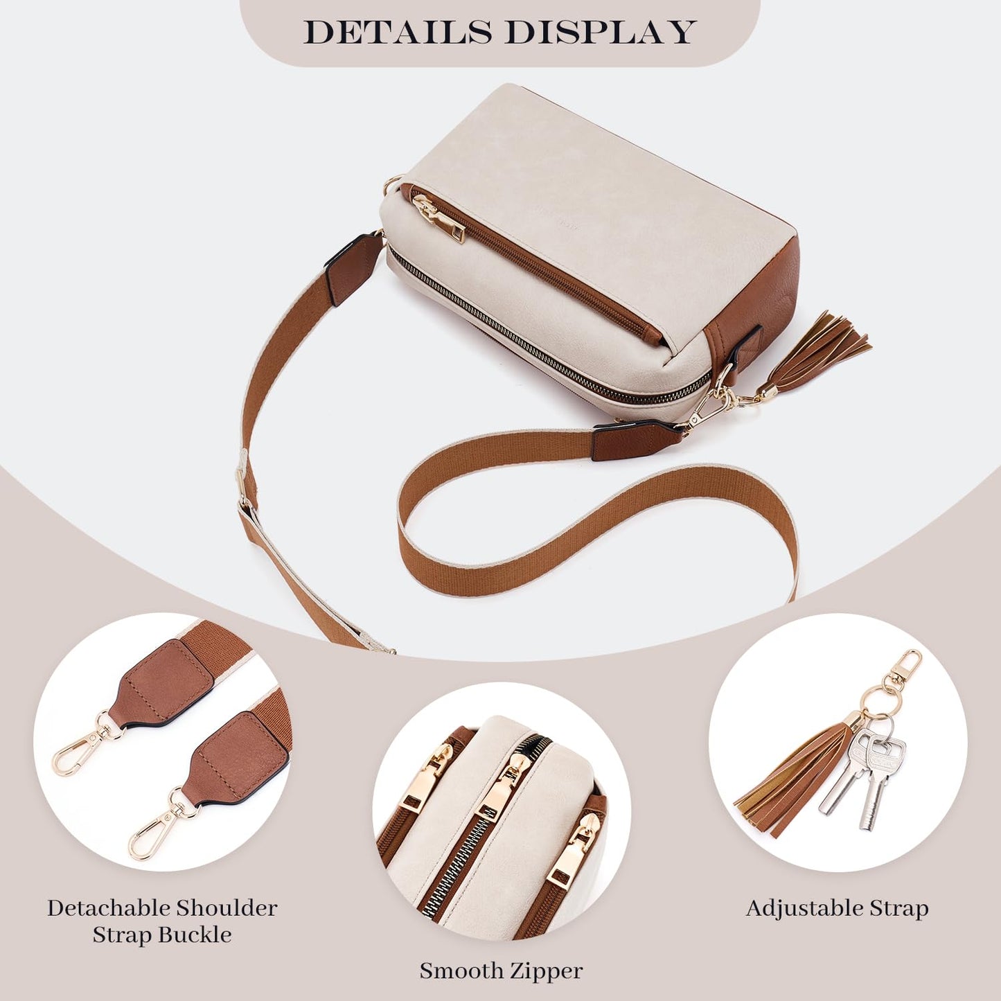 Roulens Triple Zip Small Crossbody Bag for women,Wide Strap Cell Phone Purse Shoulder Handbag Wallet with Credit Card Slots