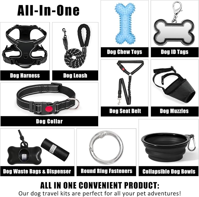 No Pull Dog Harness Adjustable Collar & Leash Set - Dog Halter Harnesses Collapsible Bowls & Poop Bag Dispenser Muzzle ID Tags Toys Fits Small Medium Large Dogs (Black-XL)