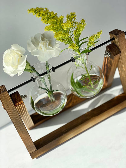 Kingbuy Glass Desktop Planter with Retro Wooden Stand and Plant Terrarium vase (2 Bulbs) for Indoor Office Desk Decor Accessories
