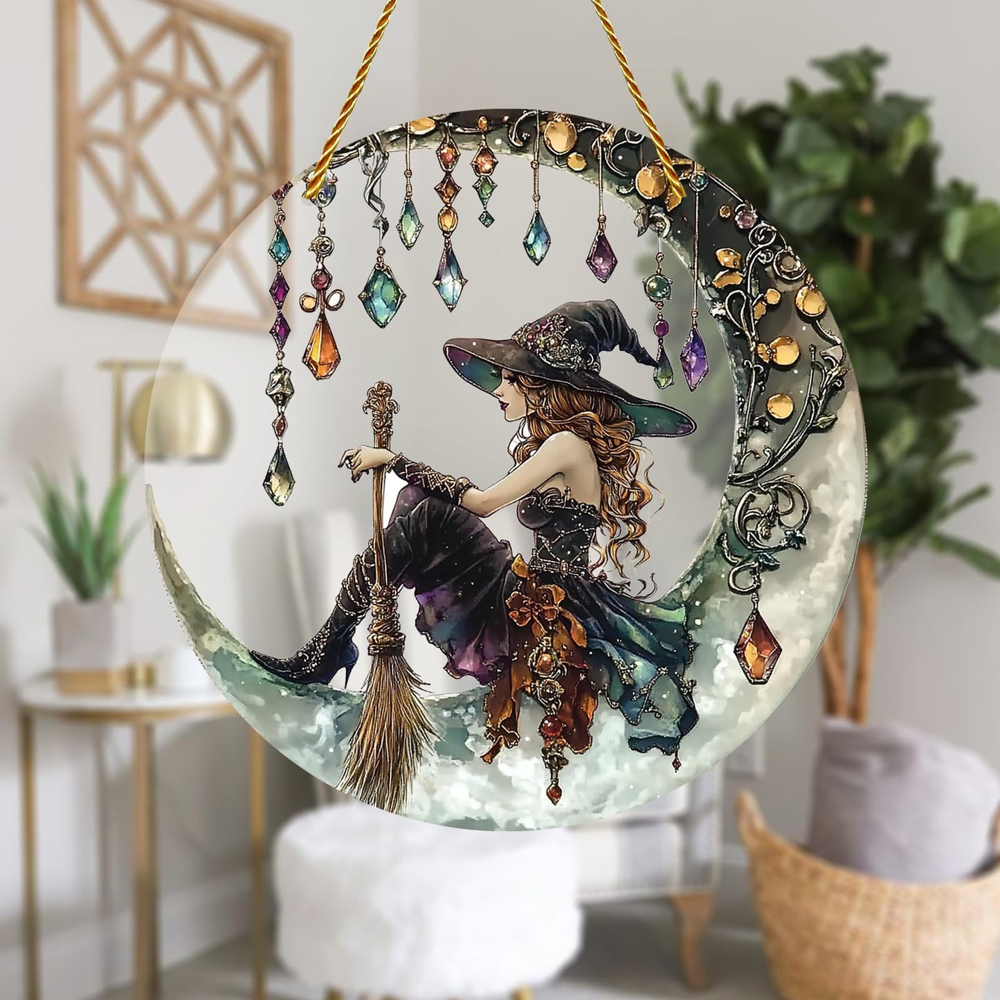 8x8 inch Charming Moonlight Witch Acrylic Stained Glass Window Hanging Sun Catcher Decor Stained Panel Hangings Wall Art Decor, for Friends and Family (Moonlight Witch)