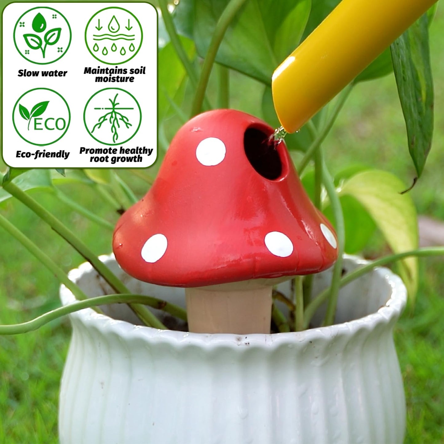 SUNGARDERY Terracotta Self Watering Spikes, 4 Pack Mushroom Self Watering Planter Insert, Vacation Plant Slow Release Watering Devices for Indoor Outdoor Plants, Colorful Large Water Globes