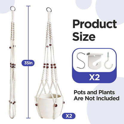CollectHall 2 Pack Macrame Plant Hanger with Drop Ceiling Hooks, Hanging Planter with Wooden Bead, No Tassels for Indoor Outdoor Boho Office Classroom Decor, 35 Inches (Pots Not Included)