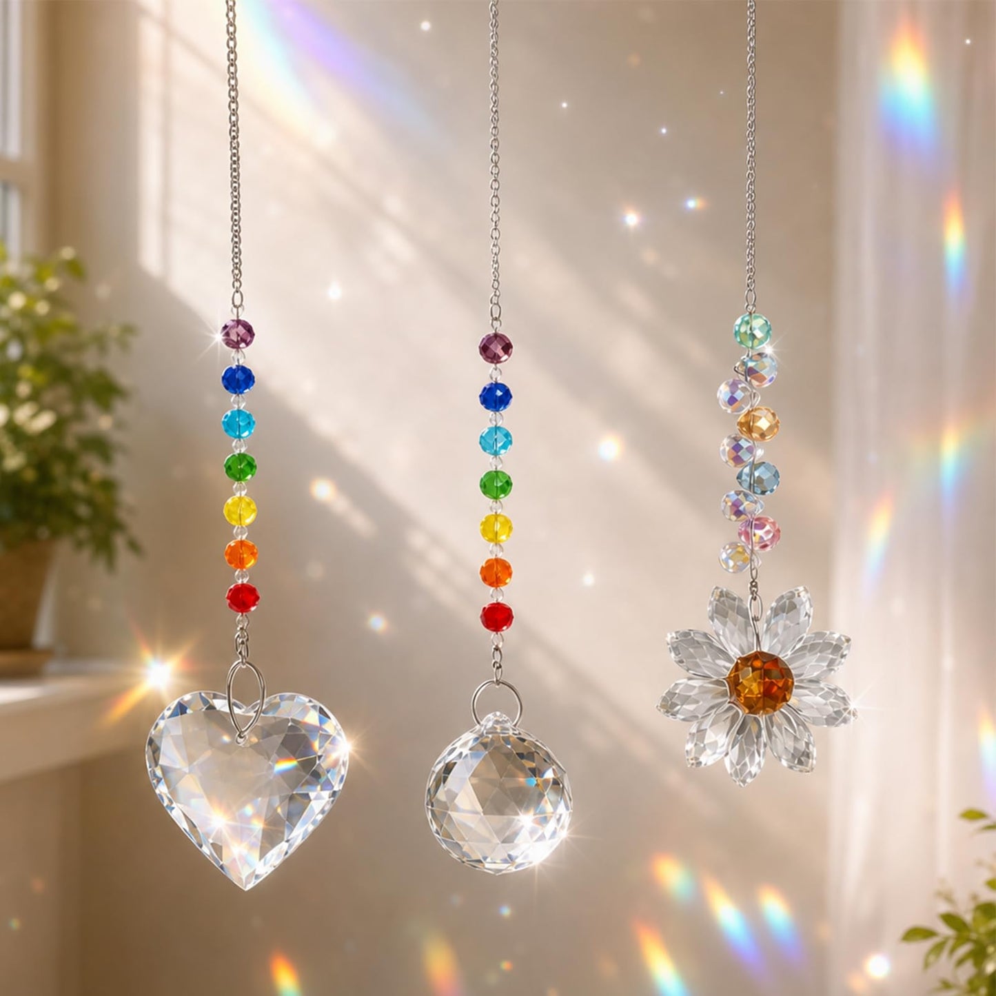 3Pcs Sun Catcher Crystals for Window Hanging, Prism Suncatcher with Chain Pendant Rainbow Maker for Windows Indoor Outdoor Car Mirror Garden Decor Wedding Party Xmas Gift