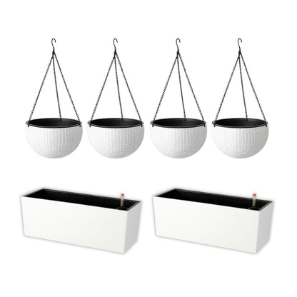 LaLaGreen Bundle- 4 Pack, 11 Inch Self Watering Hanging Basket + 2 Pack, 14 Inch White Rectangular Planter Window Flower Box with Bracket Round Plant Pots Outdoor Balcony Patio Porch Deck Garden Decor