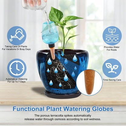 Xoogifae Ceramic Pots for Plant with Self Watering Globes, 6 inch Planters for Indoor Plants with Saucer, Glaze Flower Pots Outdoor with Drainage Holes, Decorative Garden Pots