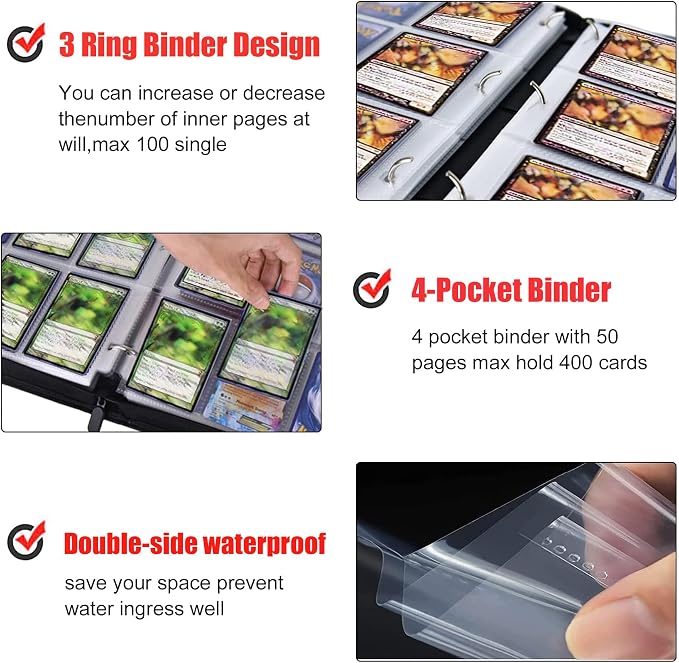 Custom Card Binder - Personalized Photo & Text Cover, 400 Pocket Waterproof PU Leather Trading Card Album, Portable 3-Ring Removable Card Collector Binder for K-pop Photocard, Anime, Sports Cards