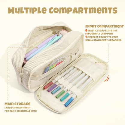 SUNEE Pencil Case, Large Capacity Pencil Pouch, Aesthetic Big Pen Bag, Soft Corduroy Fabric Pen Box for Office Stationery Organizer School Supplies Multifunctional for Teen Boys Girls Women Men, Cream