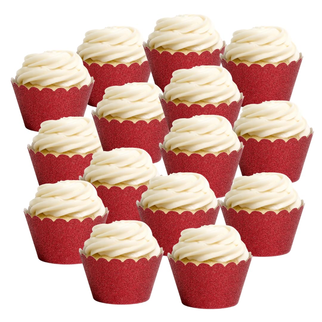 Koyal Wholesale Red Cupcake Wrappers Glitter Cupcake Liners for Christmas, Graduations, & Parties, Decorative Glitter Red Baking Cups and Cupcake Holders for Dessert Tables & Holiday Events, Set of 50