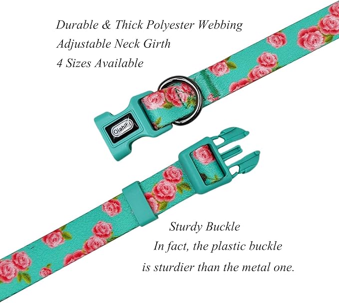 Dog Collar Leash Set, Floral Pattern, Polyester Material, Adjustable Collar and 5ft Matching Leash, for Small Dogs.(S, Green Rose)