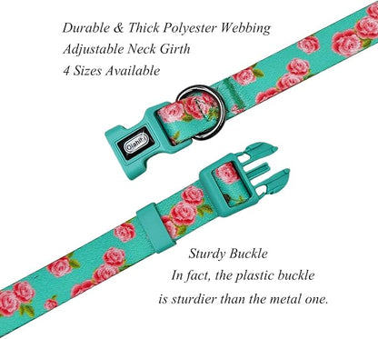 Dog Collar Leash Set, Floral Pattern, Polyester Material, Adjustable Collar and 5ft Matching Leash, for Large Dogs.(L, Green Rose)