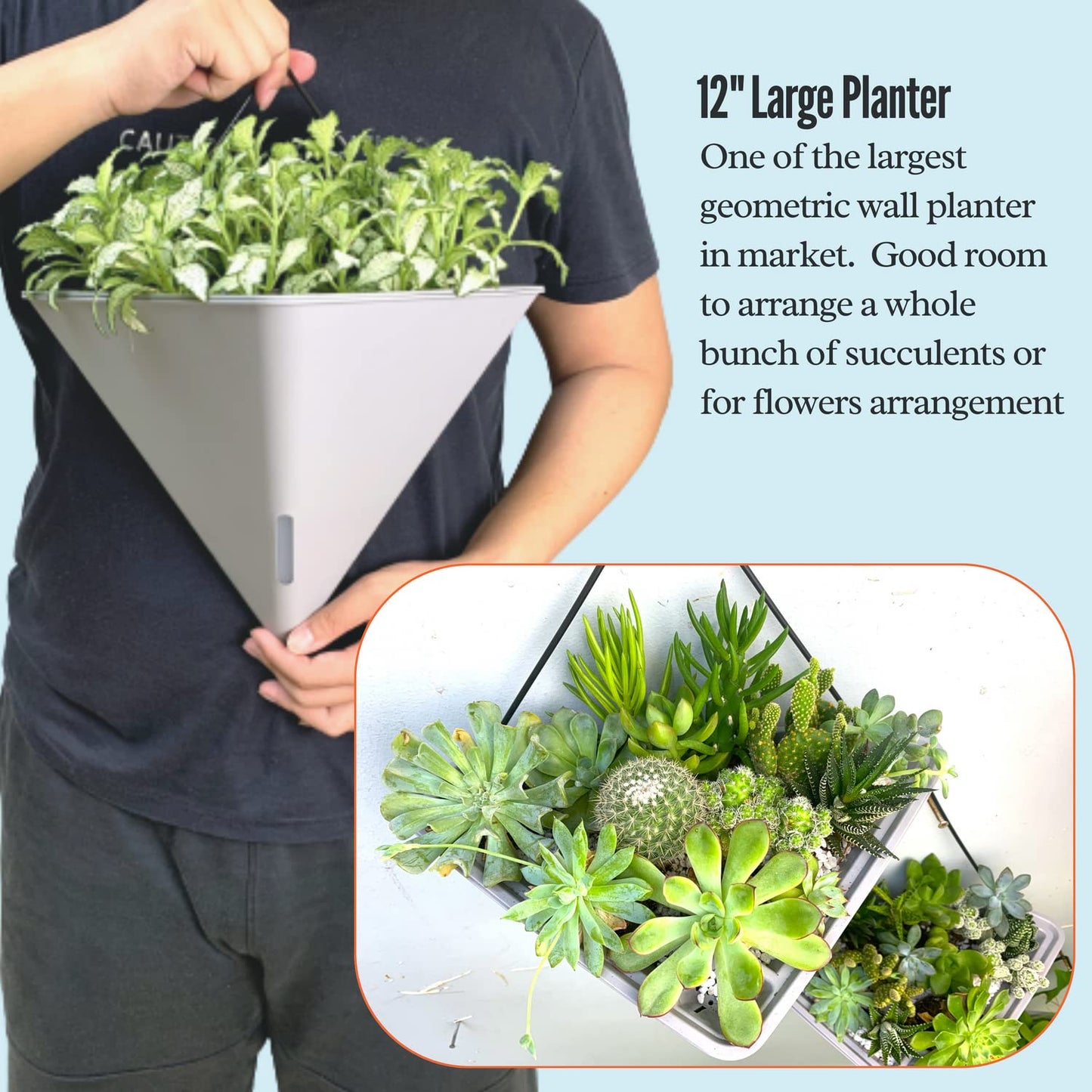 LaLaGreen Bundle - 12" x 2 Pack Gray + 12" x 4 Pack White Large Self Watering White Geometric Hanging Flower Vase Vessel with Metal Hanger, Modern Stylish Wall Mounted Succulent Pot Holder Decor