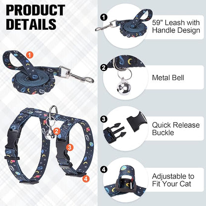 BEAUTYZOO Cat Harness and Leash Set Escape Proof for Walking, Kitten Soft Adjustable Vest Harnesses for Small Medium Large Cats, Easy Control Breathable Plaid Ribbon Nylon for Outdoor Indoor Use